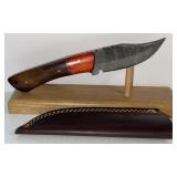 Damascus Style Fixed Blade Knife with Leather