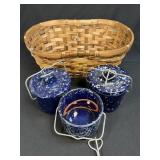 (T) Basket With 3 Cobalt Blue Speckled Stoneware