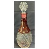 (T) Vintage Ruby Red Diamond Point Glass Decanter