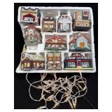 Ceramic Christmas Village and String Of White