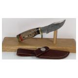 Damascus Style Fixed Blade Knife with Leather