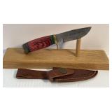 Damascus Style Fixed Blade Knife with Leather