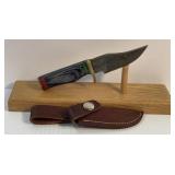 Damascus Style Fixed Blade Knife with Leather