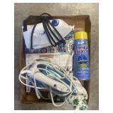 Tray Lot Of Assorted Irons, Tablecloth, Magic