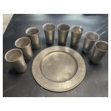 Hammered Metal Plate & 8 Matching Tumblers
