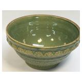 RARE ANTIQUE GREEN BASKETWEAVE & FAN STONEWARE 9"