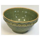RARE ANTIQUE GREEN BASKETWEAVE & FAN STONEWARE 9"
