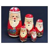 Vintage Set of 5 Squinting Santa Claus Wooden