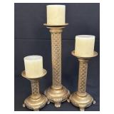 (B) Brushed Gold Pillar Candle Holders 3 Piece