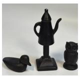 (B) 3 Cast Iron Paper Weight Figurines -Tea Pot