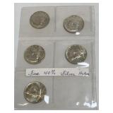 Five 40% Silver Halves As Pictured