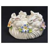 White Ceramic Large Candleholder Rabbits In A