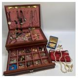 Wooden Jewelry Box and Contents