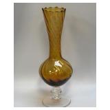 (L) Amber Glass Footed Bud Vase Vintage Retro