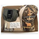 (H) New Camo Hat, Mossy Oak Knife and Shell Bag
