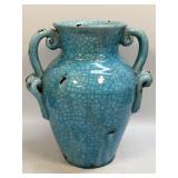 (J) Vintage Blue Crackle Glazed Ceramic Amphora