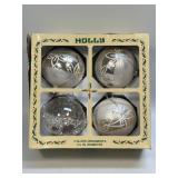(J) 4 Glass Ornaments Holly  3.5ï¿½ Diameter IOB