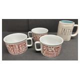 (D) 3 Soup Mugs and Rae Dunn Faith Mug and