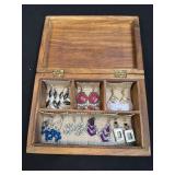 (J) 7 Lovely Earrings & Carved Pagoda Box