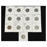 (SC) 13 Assorted Nickels 9 Jefferson, 1 Canadian,