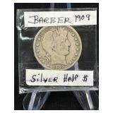 (SC) 1909 Barber Silver Half Dollar 90% Silver