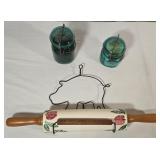 Rolling Pin Wire Hanger & Blue Ball Jars