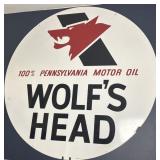 36ï¿½ Metal Double Sided Wolfï¿½s Head Motor Oil Sign