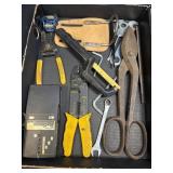 (B) Assorted Tools Including Stud Finder, Tin