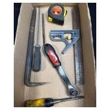 (B) Assorted Tools Including Tape Measure, Pry