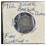 (SC) 1912 Silver Barber Dime Fine Condition 90%