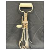 (B) Vintage A&J Egg Beater Hand Mixer White Wood