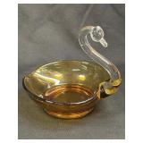 (A) Vintage Amber And Clear Art Glass Swan Dish,