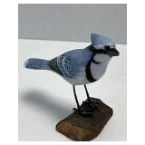 (F) Vintage Handmade Carved Wood Blue Jay Bird
