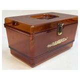 (E) Vintage Amber Brown Sewing Box - Hard Plastic