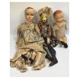 (M) 2 Vintage Dolls and 1 Cat Doll As Pictured