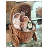 2 Porcelain Geppeddo Dollas & Wicker Carriage