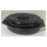 Vintage Small Black ROASTING PAN Speckled Enamel