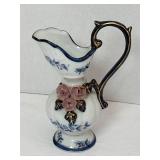 Vintage White Pitcher Vase Trimmed In Blue With
