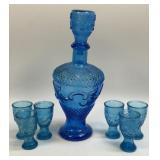 (B) Blue Pressed Glass Decanter Floral and