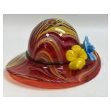 (C) Hand Blown Red Swirl Art Glass Hat Featuring