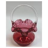 (C) Fenton Cranberry Glass Basket Ruffled Crimped