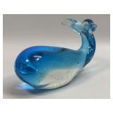(B) Art Glass Whale Marine Blue Large Paperweight