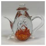 (B) Art Glass Teapot Paperweight With Orange