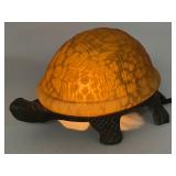 (B) Vintage Cast Iron Turtle Amber Glass Lamp Art