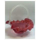 (C) Fenton Cranberry Opalescent Hobnail Basket