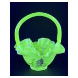 (B) Fenton Glass Basket Uranium Glass UV Reactive