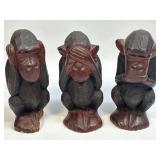 (C) 3 Wise Monkeys Hand Carved Wooden Figurines