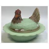 (C) Satin Mosser Glass Hen on Nest Jadeite Hand