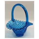 (B) Fenton Blue Glass Hobnail Decorated Basket