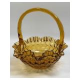 (B) Vintage Amber Fenton Thumbprint Glass Basket